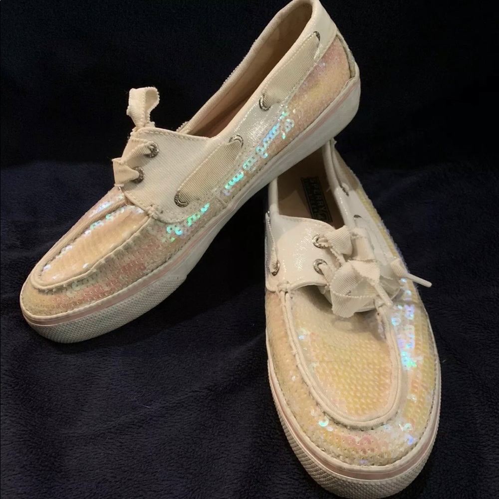 Sperry White iridescent sequin shoes